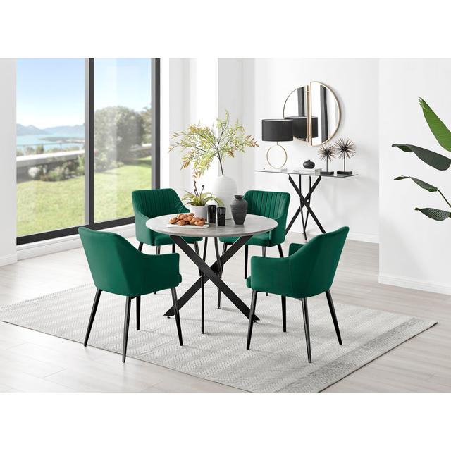 Tierra Modern Chrome Metal & Glass Round Dining Table Set with 4 Luxury Button Velvet Chairs Canora Grey Table Size: 75cm H x 100cm W x 100cm L, Table on Productcaster.