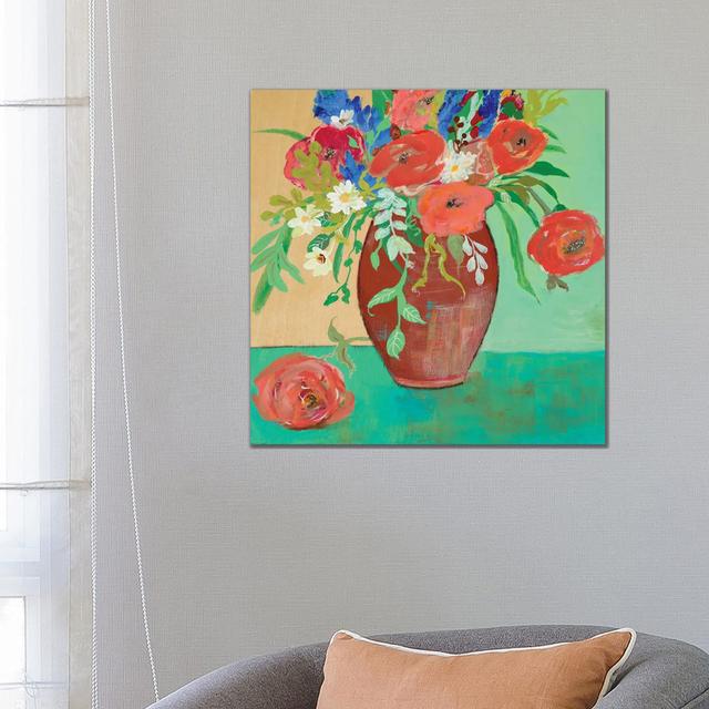 Vase of Peach and Blue Roses by Robin Maria - Painting on Canvas Rosalind Wheeler Format: Wrapped Canvas, Size: 66.04cm H x 66.04cm W x 3.81cm D on Productcaster.