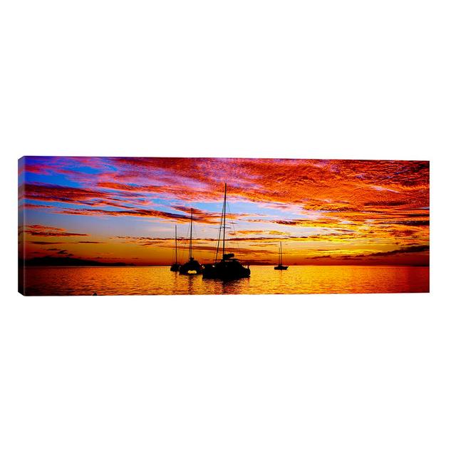 'Silhouette of Sailboats in the Ocean at Sunset, Tahiti, Society Islands, French Polynesia' Photograph on Wrapped Canvas Brayden Studio Size: 50.8cm H on Productcaster.