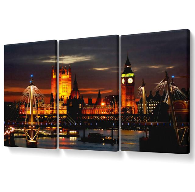 London Houses of Parliament Lights - 3 Piece Wrapped Canvas Graphic Art Ebern Designs Size: 101.6cm H x 203cm W on Productcaster.