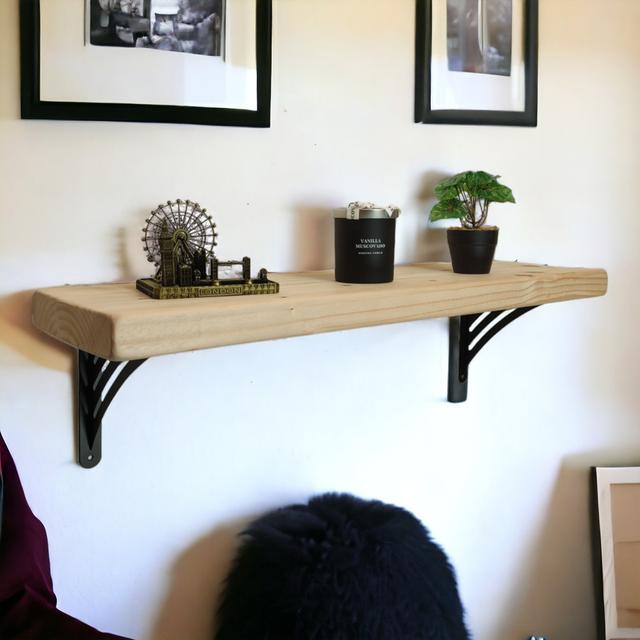 Solid Wood Handmade Rustical Shelf Unprimed 225mm 9 inch with Black Metal Bracket WAT Alpen Home Size: 19.50cm H x 180cm W x 22.50cm D on Productcaster.