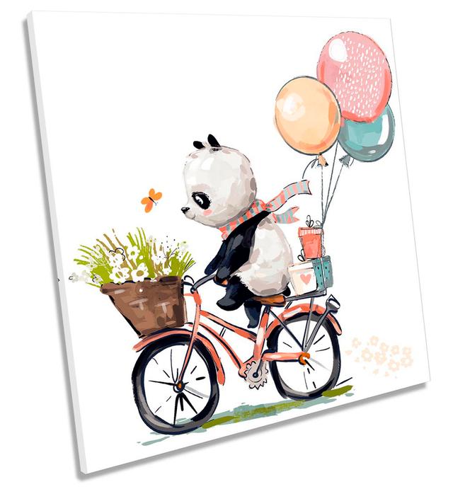 Cute Panda Bike Balloons Picture CANVAS WALL ART Square Print White Happy Larry Size: 91.4cm H x 91.4cm W x 4cm D on Productcaster.