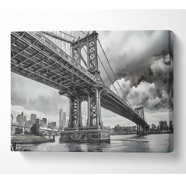 NYC Black And White Bridge Under Clouds Canvas Watercolour Latitude Run Size: 35.6cm H x 50.8cm W x 10cm D on Productcaster.