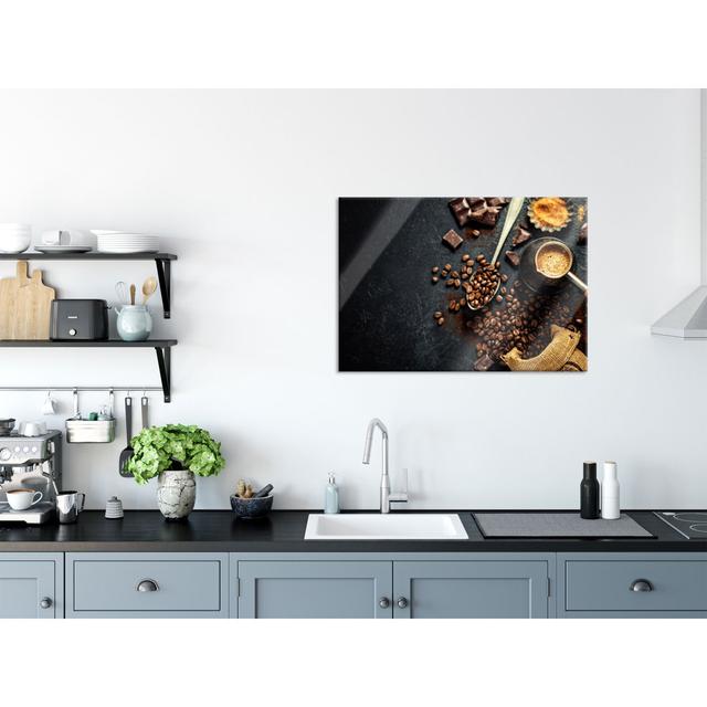 Coffee Beans And Chocolate From Above - No Frame Print on Glass Brayden Studio Size: 70cm H x 100cm W on Productcaster.