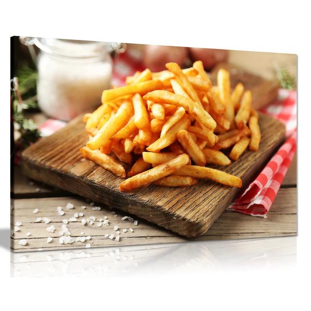 Chips French Fries On Wooden Board Fast Food Restaurant Takeaway - Wrapped Canvas Photograph Ebern Designs Size: 20cm H x 31cm W on Productcaster.