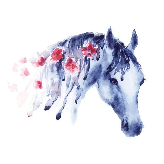 Violet Watercolor Horse Head Portrait With Red Flowers In Mane. Maturi Size: 51cm H x 51cm W on Productcaster.