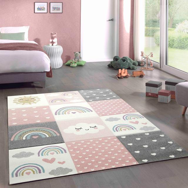 Hearts Clouds Rainbow Dots Machine Woven Pink/Cream/Grey Rug Carpetia Rug Size: Rectangular 120 x 170cm on Productcaster.