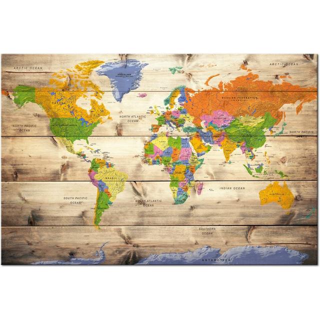 Map On Wood: Colourful Travels - Wrapped Canvas Print East Urban Home Size: 90 cm x 60 cm on Productcaster.