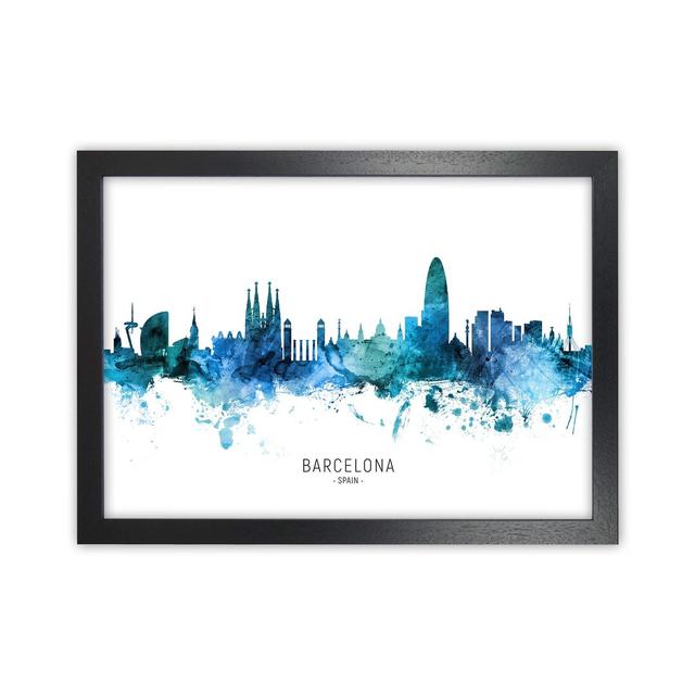 Barcelona Spain Skyline Blue City Name by Michael Tompsett - Graphic Art Print Ebern Designs Size: 64cm H x 88cm W x 3cm D, Format: Black Framed on Productcaster.