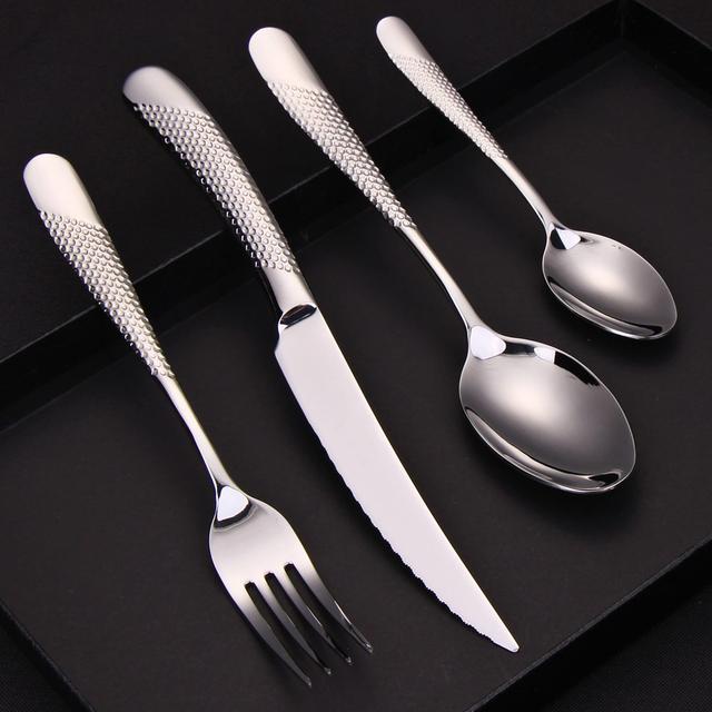 16 Pieces Luxury Cutlery Set. Spoons, Knives & Forks Flatware| Hammered 18/10 Stainless Steel Tableware. Mirror Finish Steak Knife Dishwasher Safe Can on Productcaster.