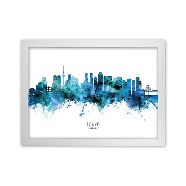 Tokyo Japan Skyline Blue City Name by Michael Tompsett - Graphic Art Ebern Designs Format: White Framed, Size: 34cm H x 46cm W x 3cm D on Productcaster.