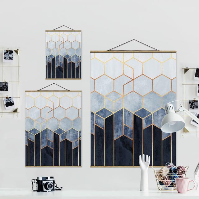 Golden Hexagons Blue White by Elisabeth Fredriksson - Graphic Art Print Canora Grey Size: 133.5cm H x 100cm W x 0.3cm D on Productcaster.