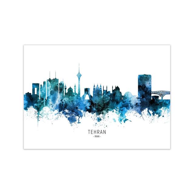 Tehran Iran Skyline Blue City Name by Michael Tompsett - Print Ebern Designs Size: 60cm H x 84cm W x 1cm D, Format: Unframed on Productcaster.