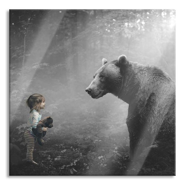 Girl With Teddy And Bear In The Forest - No Frame Print on Glass Union Rustic Size: 60cm H x 60cm W x 0.4cm D on Productcaster.