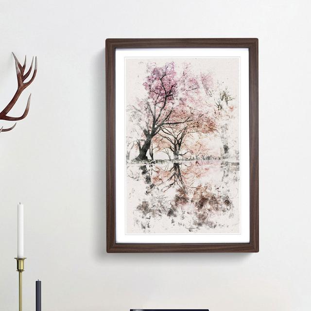 Reflection Of The Pink Blossom Trees Watercolour - Print East Urban Home Frame Option: Walnut Framed, Size: 33cm H x 24cm W x 2cm D on Productcaster.