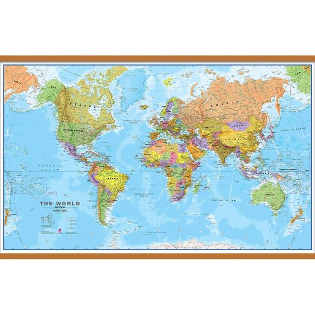 Large World Wall Map Political - Single Picture Frame Print on Canvas Ebern Designs Size: 127.9cm H x 203.2cm W x 0.5cm D, Format: Brown Framed on Productcaster.