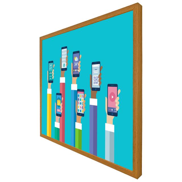 Hands Holding Smart Phones - Single Picture Frame Print Latitude Run Frame Colour: Oak, Size: 61cm H x 61cm W x 4cm D on Productcaster.