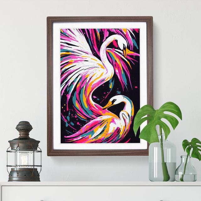 Two Swans in Colour Abstract - Picture Frame Painting Marlow Home Co. Size: 64cm H x 46cm W x 2cm D, Frame Colour: Walnut Framed on Productcaster.