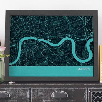 'London City Street Map' Framed Graphic Art Print in Turquoise East Urban Home Frame Colour: Black on Productcaster.