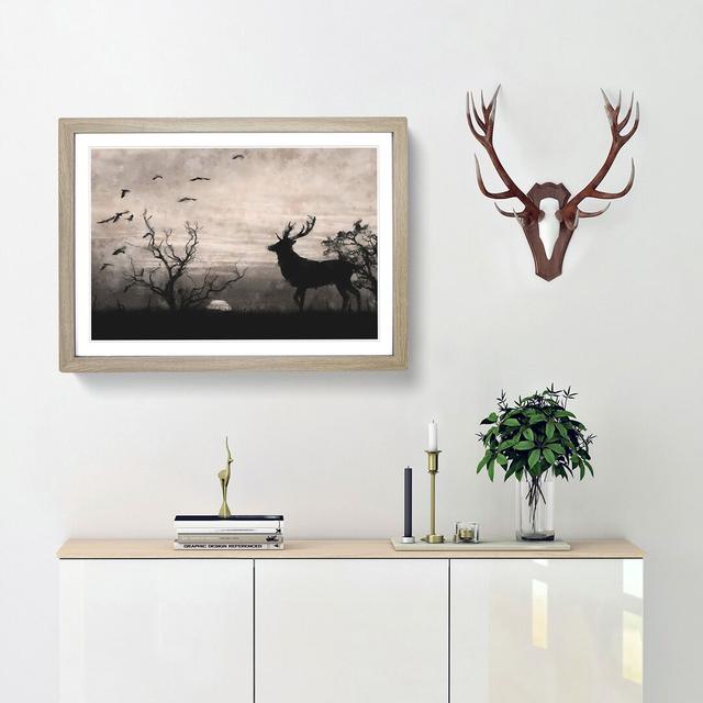 Stag Deer with Birds - Picture Frame Graphic Art Print East Urban Home Format: Oak Framed, Size: 62cm H x 87cm W x 2cm D on Productcaster.