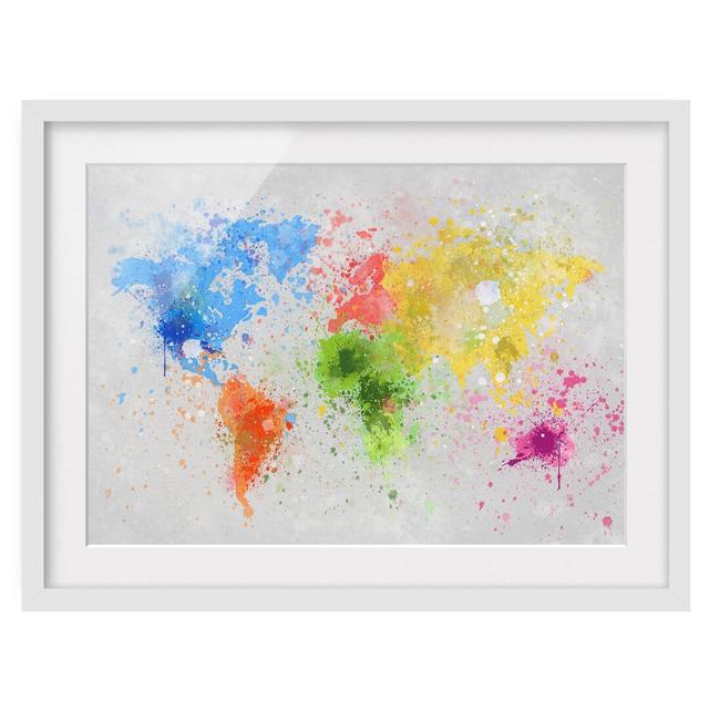 Colourful, Paint-Splattered World Map - Picture Frame Painting Print on Paper East Urban Home Size: 70cm H x 100cm W, Frame Option: Matt white on Productcaster.