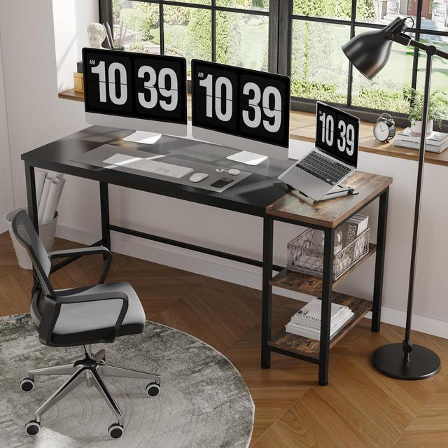 160X60x75cm Fester Tisch, Fester Schreibtisch, Computertisch Mit Bücherregal, Home Office PC-Tisch Mit 2 Tier Lagerregalen, Schreibtisch Mit Bücherreg on Productcaster.