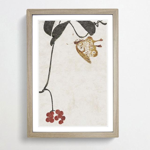 Red Berry Plant & Butterfly by Shibata Zeshin - Picture Frame Painting Print East Urban Home Frame Option: Oak Framed, Size: 65cm H x 48cm W x 2cm D on Productcaster.