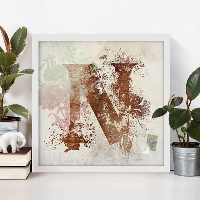 Vintage Gold Alphabet Letter N - Picture Frame Graphic Art Rosalind Wheeler Size: 70cm H x 70cm W x 2cm D, Frame Option: White on Productcaster.