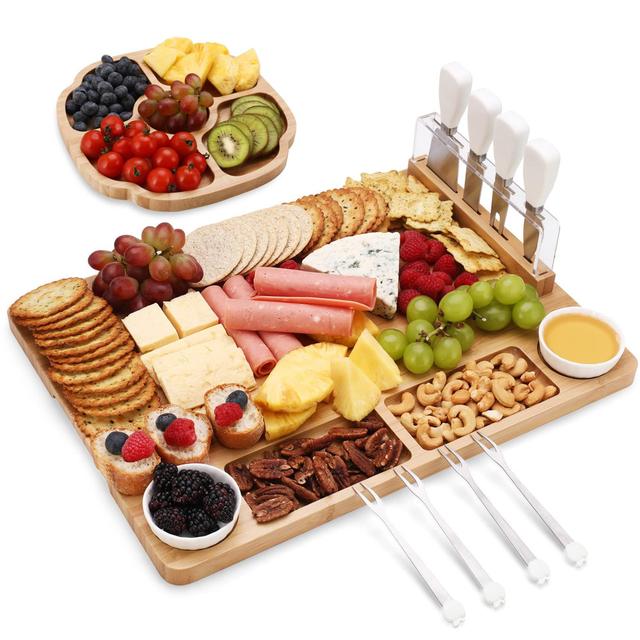 Cheese Board Set Of 13, Bamboo Charcuterie Board & Snack Tray, 2 Ceramic Bowls, Cheese Knives Set, Magnetic Knife Stand, Cheese Board And Knife Set Fo on Productcaster.