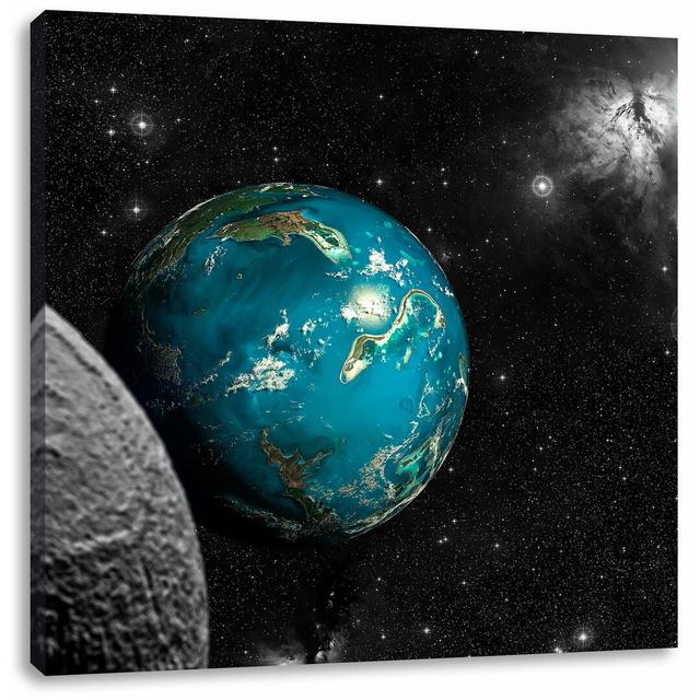 Leinwandbild Planet Erde im Kosmos East Urban Home Größe: 70 cm H x 70 cm B x 1,8 cm T, Farbe: Schwarz/Blau/Grau on Productcaster.