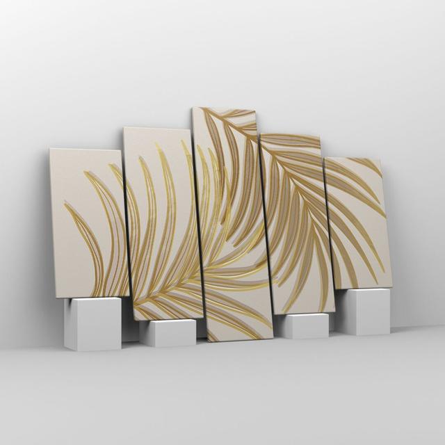 Golden Leaves Palm Trees - 5 Piece Wrapped Canvas Painting Ebern Designs Size: 100cm H x 150cm W x 1.8cm D on Productcaster.