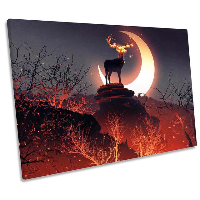 Stag Deer Moon Landscape - Wrapped Canvas Graphic Art Alpen Home Size: 61cm H x 91.4cm W x 4cm D on Productcaster.