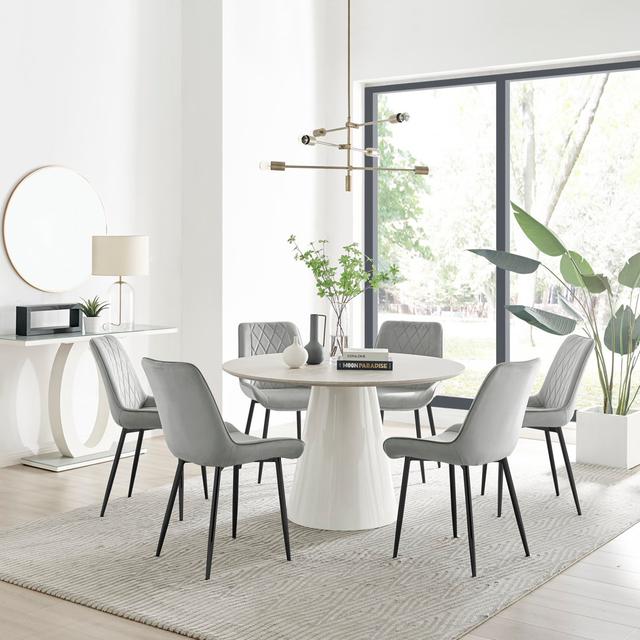 Statement 6 Person Round Dining Table Set in Luxury Beige Stone Effect - Velvet Dining Chairs Canora Grey Chair Colour: Grey/Black on Productcaster.