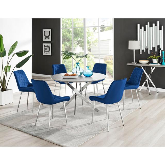 Tierra Modern Chrome Metal & Glass Round Dining Table Set with 6 Luxury Faux Leather Chairs Canora Grey Chair Colour: Navy/Silver, Table Base Colour: on Productcaster.