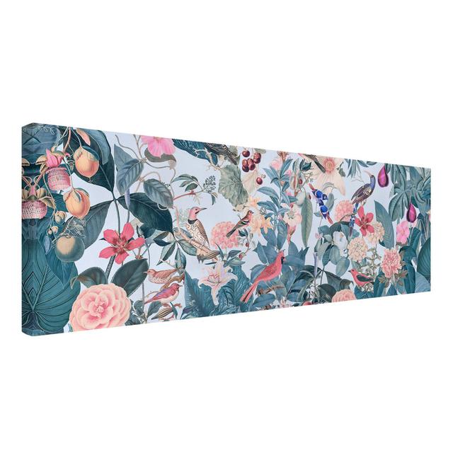 Vintage Collage - Bird Garden - Wrapped Canvas Graphic Art Rosalind Wheeler Format: 260g/m² canvas, Size: 50cm H x 150cm W on Productcaster.