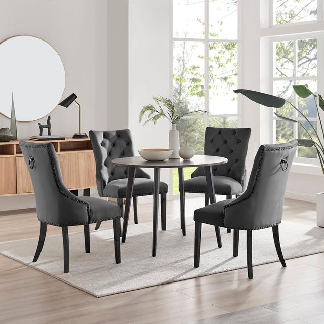 Bulkley Round Dining Table Set with 4 Velvet Dining Chairs - Scratch Resistant Melamine Surface Canora Grey Table Colour: Walnut/Black, Chair Colour: on Productcaster.