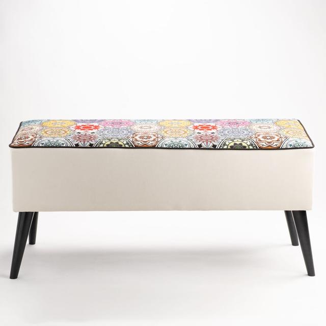 Saxonburg Upholstered Piano Bench Corrigan Studio Size: 47 H x 55 W x 30 D cm, Colour: White / Yellow / Blue on Productcaster.