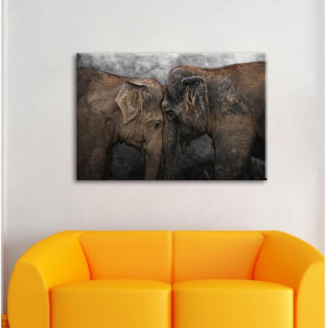 Leinwandbild Cuddling Old Elephant Couple in Schwarzweiß BohoLiving Größe: 60 cm H x 80 cm B x 1,8 cm T on Productcaster.