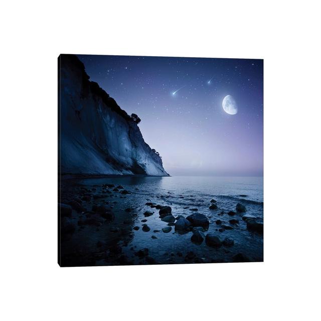 Rising Moon over Ocean and Mountains Against Starry Sky by Evgeny Kuklev - Wrapped Canvas Photograph House of Hampton Size: 30.48cm H x 30.48cm W x 1. on Productcaster.