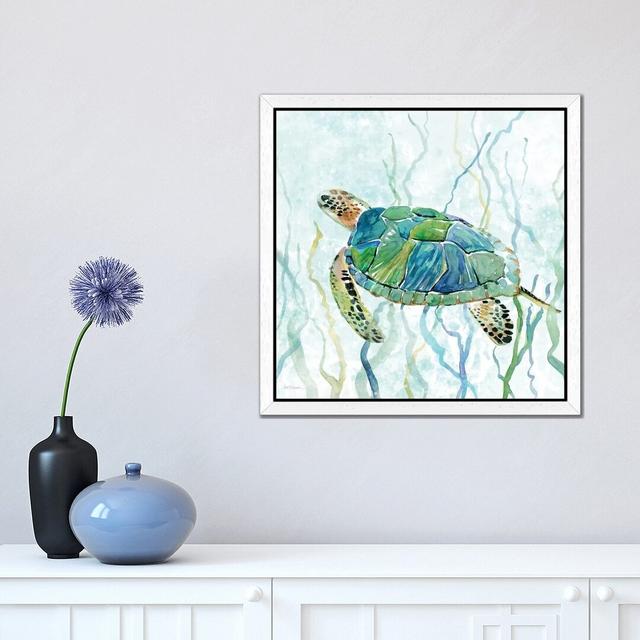 Sea Turtle Swim II by Carol Robinson - Graphic Art Print on Canvas Beachcrest Home Size: 66.04cm H x 66.04cm W x 3.81cm D, Frame Option: White Framed on Productcaster.