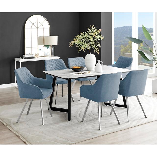 White Marble Effect Melamine Dining Table Black Legs & 6 Luxury Velvet Chairs Industrial Design Canora Grey Colour (Chair): Blue/Silver on Productcaster.