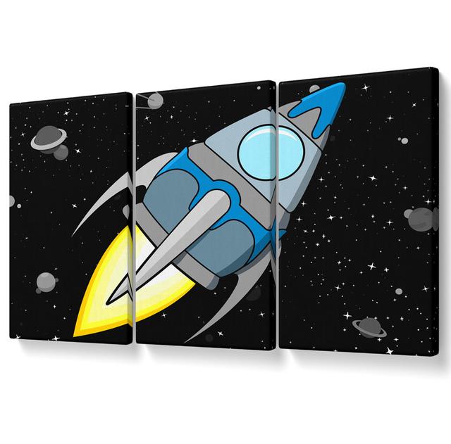 Rocket Ship Baby Blue - 3 Piece Wrapped Canvas Graphic Art Isabelle & Max Size: 101.6cm H x 203cm W, Colour: White on Productcaster.