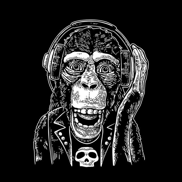 Betthezel Monkey Rocker in Headphones and T-Shirt with Skull. Vintage Engraving by DenPotisev - Wrapped Canvas Graphic Art Happy Larry Size: 122cm H x on Productcaster.