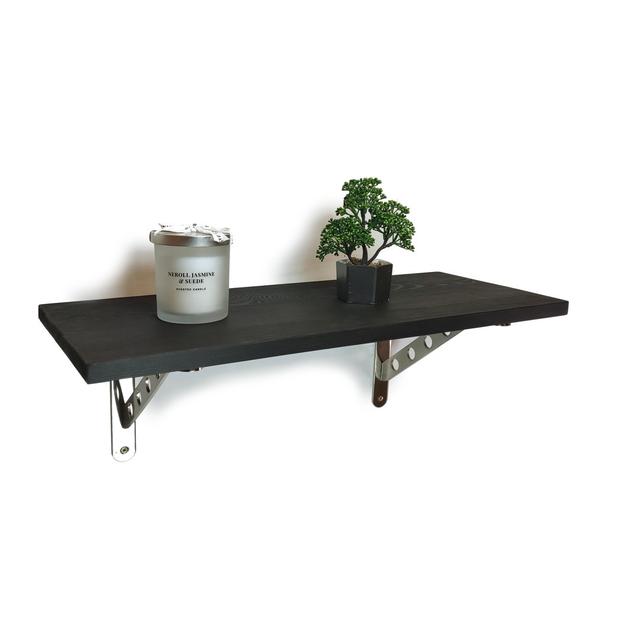 Handmade Solid Pine Rustical Shelf Black Ash with Brushed Chrome 024 Bracket Alpen Home Size: 22cm H x 100cm W x 25cm D on Productcaster.