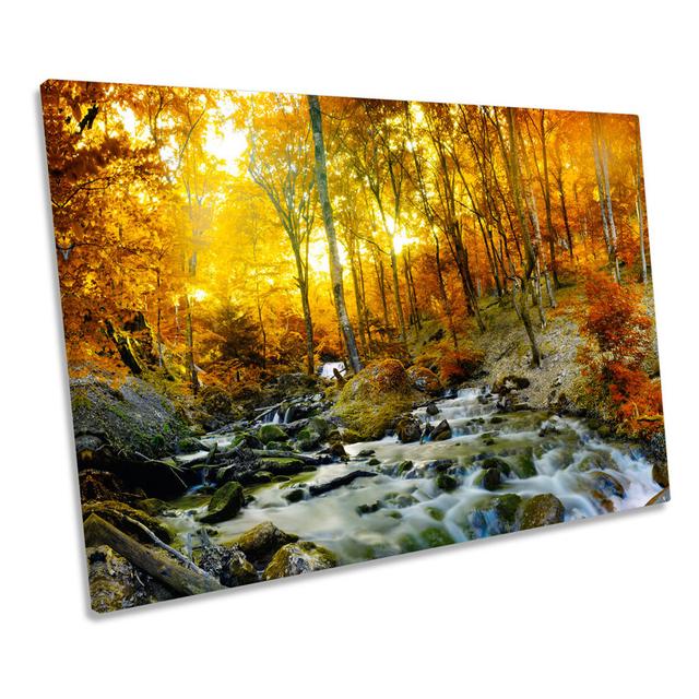 Sunset Autumn Forest Creek River - Wrapped Canvas Art Prints Union Rustic Size: 50.8cm H x 76.2cm W on Productcaster.