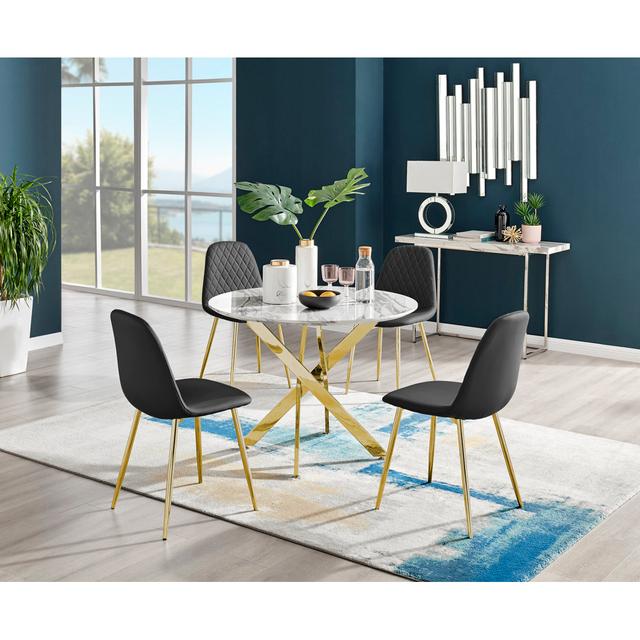 Tierra Modern Chrome Metal & Glass Round Dining Table Set with 4 Luxury Faux Leather Chairs Canora Grey Table Size: 75 cm H x 100 cm W x 100 cm L, Col on Productcaster.