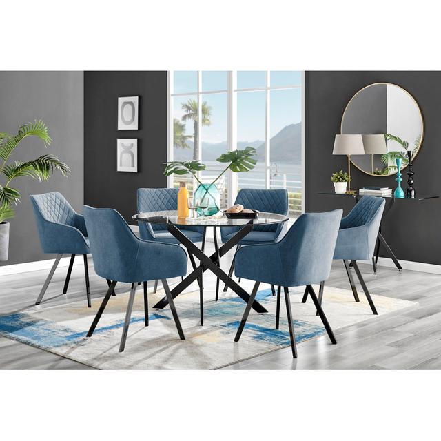 Tierra Modern Chrome Metal & Glass Round Dining Table Set with Luxury Upholstered Fabric Chairs Canora Grey Colour (Chair): Blue on Productcaster.