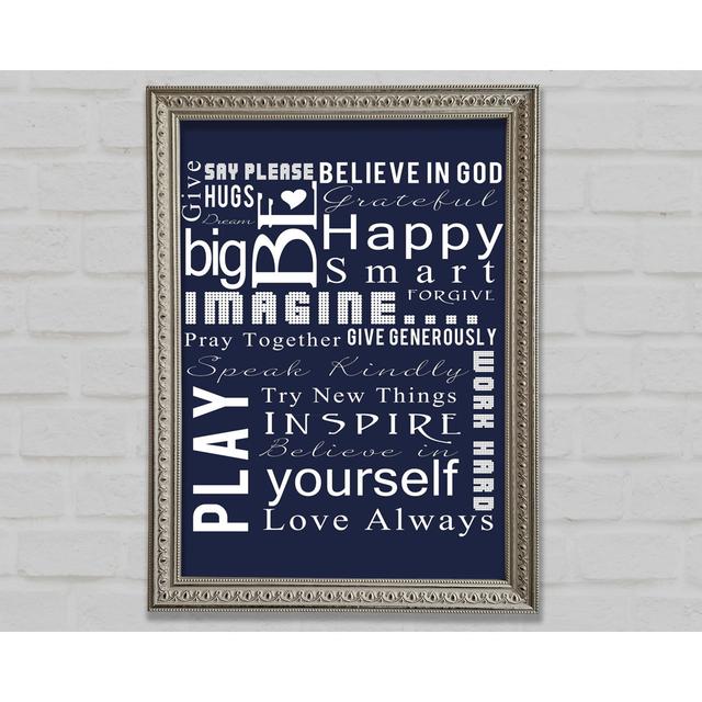 Home Quote Family Rules Be Happy Love Always Pink Framed Print Happy Larry Size: 59.7cm H x 42cm W x 3cm D, Colour: Blue on Productcaster.