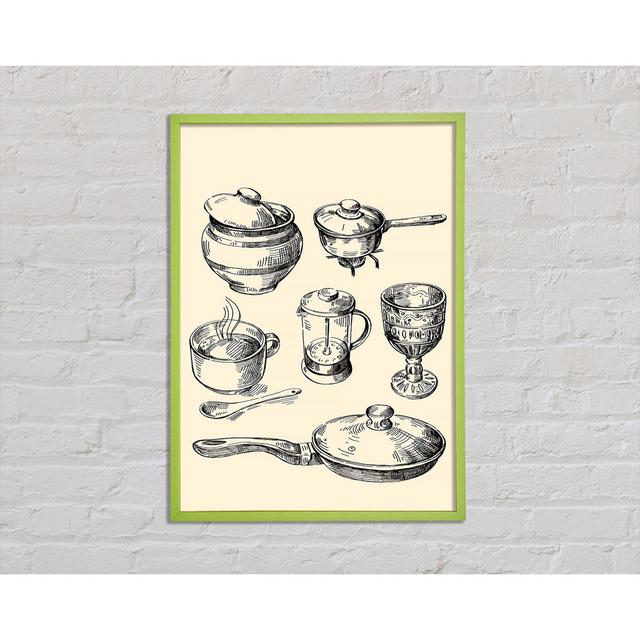 Retro Pots And Pans - Print Ophelia & Co. Size: 29.7cm H x 21cm W x 2cm D, Format: Green Framed Paper on Productcaster.