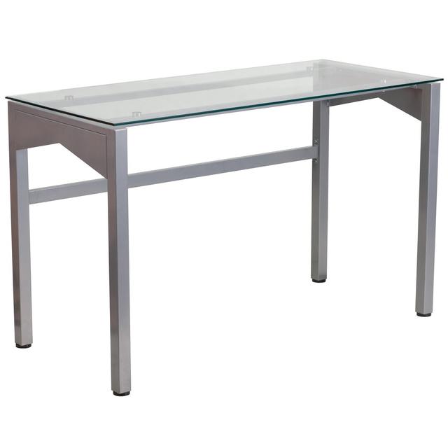 Contemporary Clear Tempered Glass Desk with Geometric Sides Blue Elephant on Productcaster.